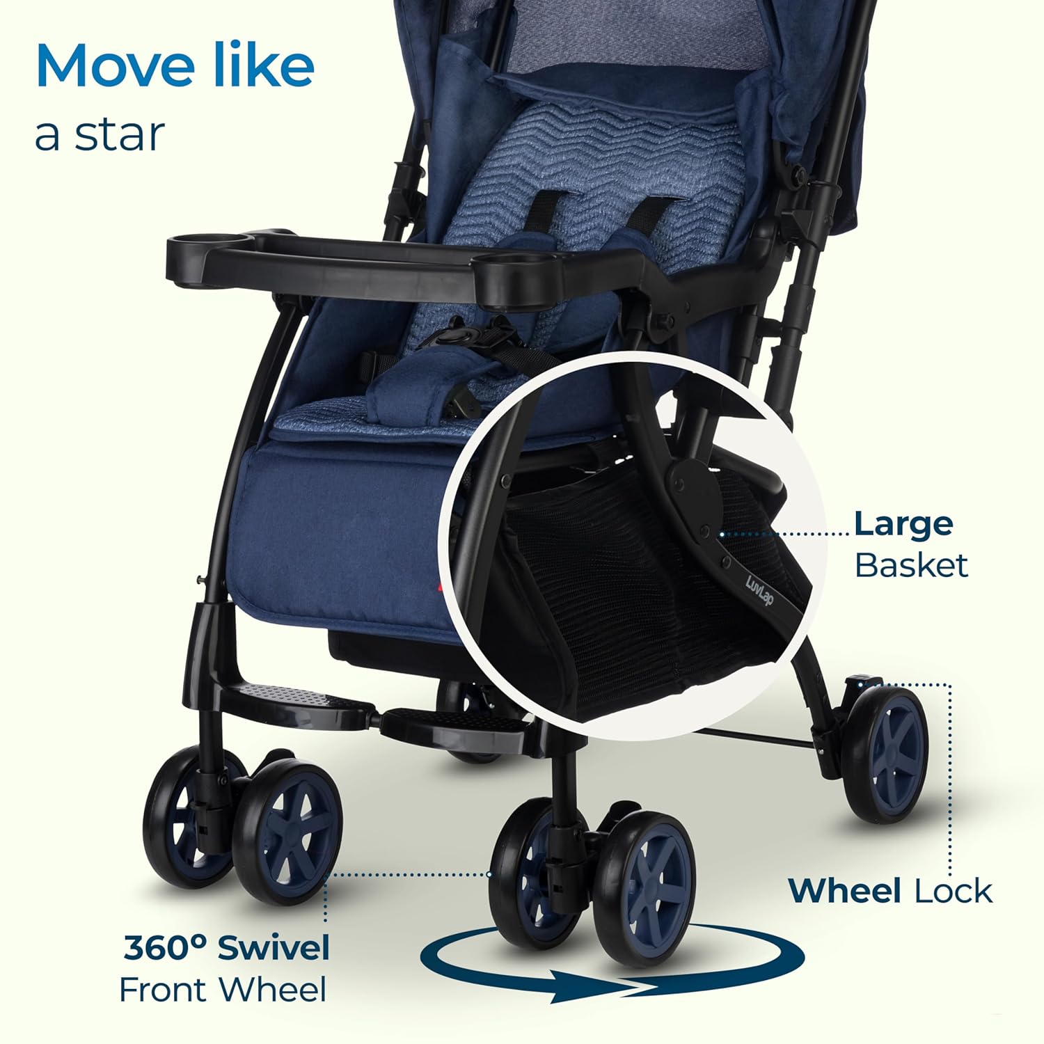 Blue LuvLap Sunshine Plus foldable stroller for babies, featuring a compact design, adjustable canopy, and removable feeding tray. Perfect for travel and easy storage. www.usmile.toys